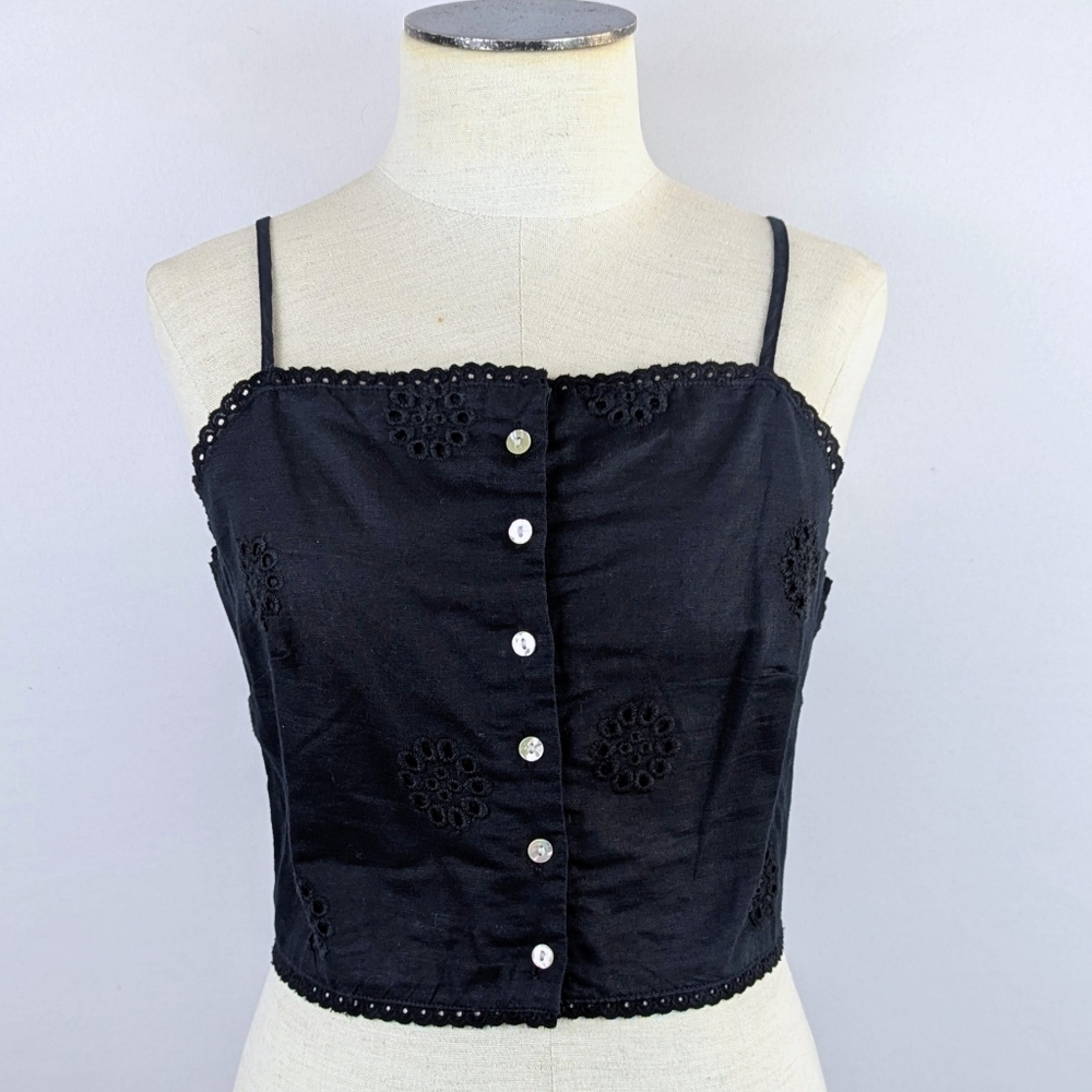 Joie Crop Top Linen Blend Adjustable Spaghetti Straps Eyelet Lace Black M NWT